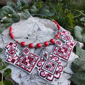 Embroidered Jewelry Necklace Pectoral Eco-leather pendant Coral Glass beads Exclusive ethno vintage. Boho traditional jewelry
