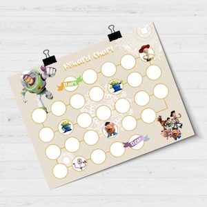 May include: A printable reward chart featuring characters from the Toy Story movie franchise. The chart has a maze-like design with circles to fill in as rewards are earned. The characters include Buzz Lightyear, Woody, Jessie, and the aliens. The chart has a start and stop point.