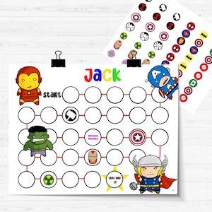 May include: A printable game board featuring a superhero theme. The board has a red, yellow, and green color scheme. The board has a start and finish line. The board has a grid of circles with various superhero characters and logos. The board is labeled "Jack".