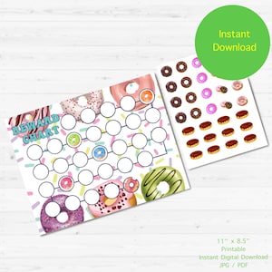 Puede incluir: Gráfico de recompensas de donut imprimible con 36 círculos para pegatinas. El gráfico mide 11 pulgadas por 8,5 pulgadas y presenta un tema de donut con chispas y donuts coloridos. El gráfico está diseñado para niños e incluye una hoja de pegatinas de donut.
