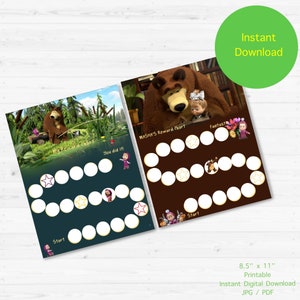 Puede incluir: Dos tablas de recompensas imprimibles con los personajes de Masha y el Oso. Las tablas miden 21,6 cm x 27,9 cm y están disponibles para descarga digital instantánea en formatos JPG y PDF.