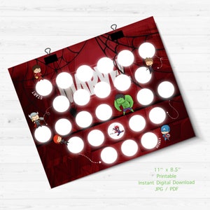 May include: Printable Marvel character game board with a red background and white circles. The board features a spider web design and the word "MARVEL" in white letters. The board is 11 inches by 8.5 inches.