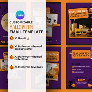 May include: A customizable Halloween email template with a purple background and orange accents. The template includes a greeting, product offers, and an Instagram giveaway. The image features a pumpkin, spiderwebs, and the text "Discover Our Halloween Collections".
