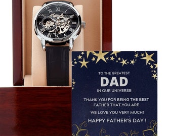 Reloj automático calado, correa de piel auténtica, regalo para papá.