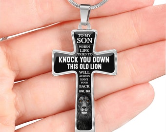 Collar con cruz grabada, león, regalo cristiano para hijo