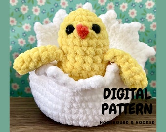 Virkmönster för kläckning av kyckling i ägg utan sömnad i PDF-format, påsk-amigurumi-plysch, digital nedladdning av marknadsförberedelsemönster