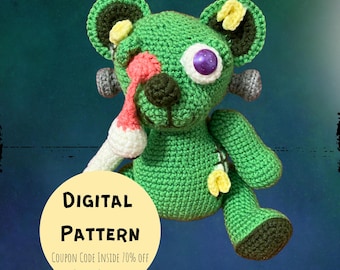 Frankie the Zombie Franken-Bear Crochet Pattern PDF, Bright Monster Bear Amigurumi, Spooky Halloween Plushie Digital Download
