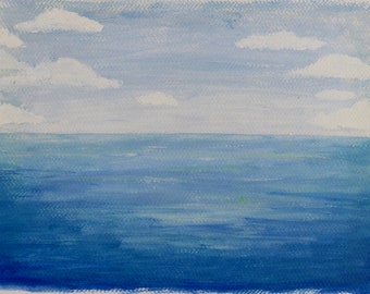 May include: A watercolor painting of a blue ocean with white clouds in the sky.