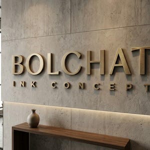 May include: A wall-mounted sign featuring three-dimensional metallic gold lettering that reads BOLCHAT INK CONCEPT. The sign is mounted on a light gray concrete panel with a smooth texture, positioned above a dark wooden console table.