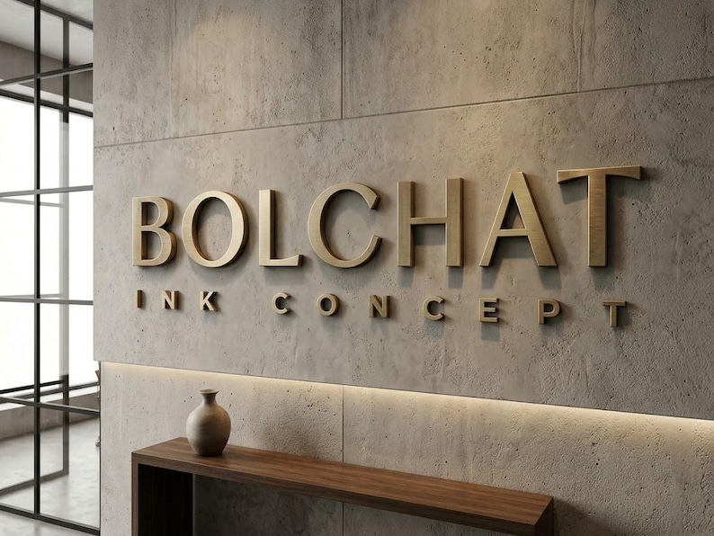 May include: A wall-mounted sign featuring three-dimensional metallic gold lettering that reads BOLCHAT INK CONCEPT. The sign is mounted on a light gray concrete panel with a smooth texture, positioned above a dark wooden console table.