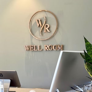 indoor sign.
made of stainless steel.
colour is brushed copper
1 inch from wall.
letter thickness is 1 inch.