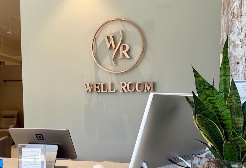 indoor sign.
made of stainless steel.
colour is brushed copper
1 inch from wall.
letter thickness is 1 inch.