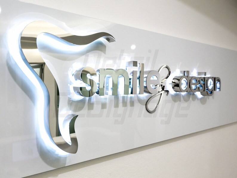3D metal indoor sign.
made of stainless steel.
color is mirrored silver
backlight color is white.
1 inch away from the wall.
letter depth is 1 inch.