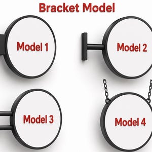 May include: Four black and white bracket models are displayed against a white background. Each model features a circular sign with a black frame and the text "Model" followed by a number in red. The text "Bracket Model" is at the top.