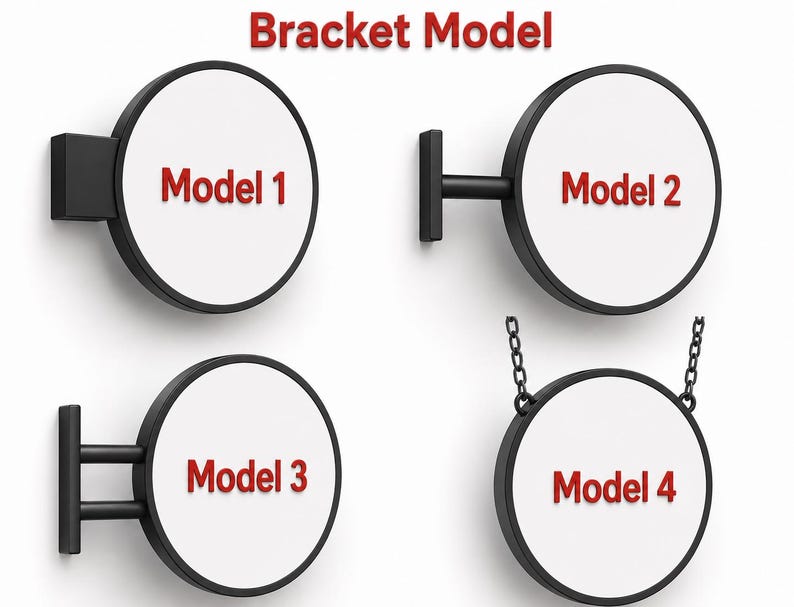 May include: Four black and white bracket models are displayed against a white background. Each model features a circular sign with a black frame and the text "Model" followed by a number in red. The text "Bracket Model" is at the top.