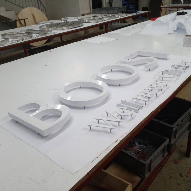 May include: Three-dimensional white channel letters spelling out the word BOOST and the word Wellness in a smaller font size. The letters are constructed with a glossy finish and are mounted on small metal pins on a white surface.