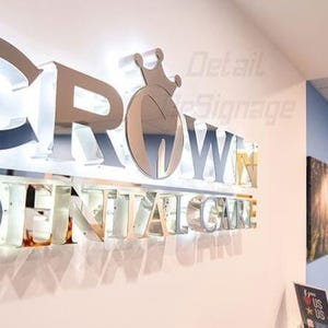 3D metal indoor sign.
made of stainless steel.
color is mirrored silver
backlight color is white.
1 inch away from the wall.
letter depth is 1 inch.