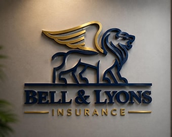 Könnte beinhalten: Ein dreidimensionales Wandschild mit einem dunkelblauen Löwen mit goldenen Flügeln über dem Text BELL & LYONS INSURANCE. Der Löwe ist mit klaren Linien stilisiert und das Wort INSURANCE ist durch eine dünne goldene Linie unterstrichen.