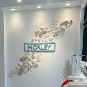 indoor sign.
made of stainless steel.
color is turquoise
1 inch from wall.
letter thickness is 1 inch.