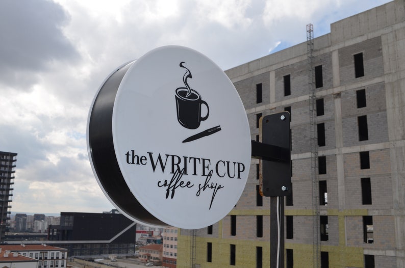 Coffee Round Illuminated Shop Front Sign, Double Sided Light Box with Projector, LED Light Sign, Blade Sign, Outdoor Sign, Circle Custom Sign
