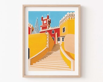 Sintra Portugal Konsttryck, Reseaffisch, Gouache-illustration