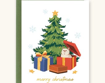 Söt katt under julgranen-kort, julkort, julklapp