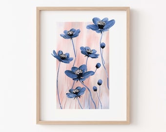 Kosmos bloemenkunstprint, metallic detail, botanisch muurdecor