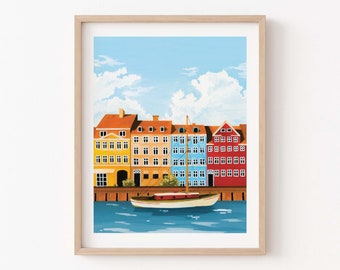 Köpenhamnskonsttryck, färgglad skandinavisk illustration, reseaffisch för Danmark