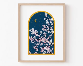 Gouden kersenbloesemkunstdruk, vintage botanische poster