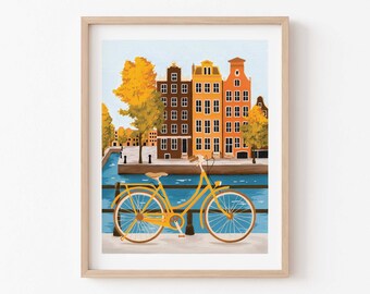 Amsterdam Gouache Konsttryck, Nederländerna Reseaffisch, Cykelscen