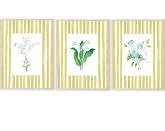 Set of 3  Custom Color Floral Striped Art | Preppy Art | Butterfly Print | Lime Green Wall Art | Maximalist Wall art | Nancy Meyers Decor
