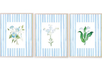 Set Of 3 Floral Striped Art | Preppy Art | Butterfly Print | Lime Green Wall Art | Maximalist Wall art | Nancy Meyers Decor | Blue white