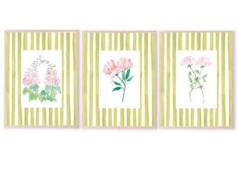 Set of 3 Floral Striped Art | Preppy Art | Butterfly Print | Lime Green Wall Art | Maximalist Wall art | Nancy Meyers Decor | Custom Color