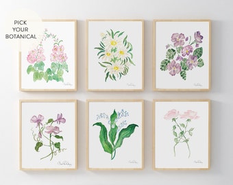 PICK YOUR Two  Botanical Prints  |  watercolor floral painting | Flower wall art | Cottagecore decor | Spring Wall art | Preppy Decor