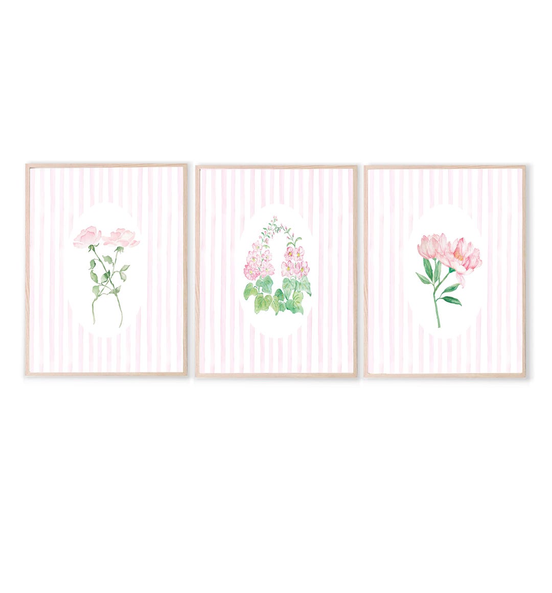 Set of 3 Floral Striped Art | Wildflower Prints | Botanical Flowers ...
