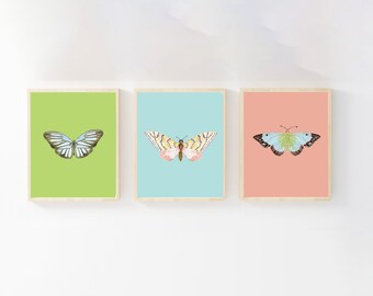 Set of 3 Multicolor Butterflies | Preppy Art | Butterfly Print | Lime Green Wall Art | Maximalist Wall art | Unframed Art