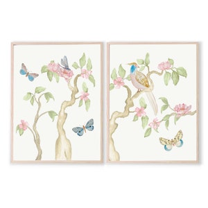 Bird Butterfly Chinoiserie pair | Peony Floral Art | Japanese Print | Chinese Watercolor | Asian Wall Art | Grandmillennial Decor