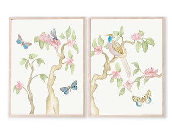 Bird Butterfly Chinoiserie pair | Peony Floral Art | Japanese Print | Chinese Watercolor | Asian Wall Art | Grandmillennial Decor