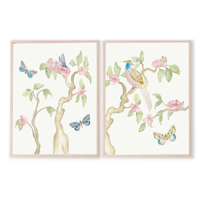 Bird Butterfly Chinoiserie pair Peony Floral Art Japanese Print Chinese Watercolor Asian Wall Art Grandmillennial Decor image 1