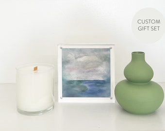 Coffret cadeau personnalisé | Bougie, vase et mini cadre avec impression d’art | Cadeau de Vacances