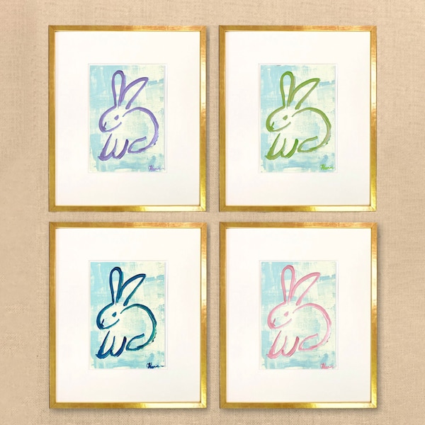 Set of Four Bunny Print Wall art | Preppy Print | Gallery of 4 Rabbit Paintings