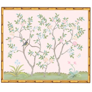 Large Hand Painted Chinoiserie Print | Botanical wall art | Nursery wall decor | Hand-Painted Botanical Birds | Baby Girl Room Decor Pink