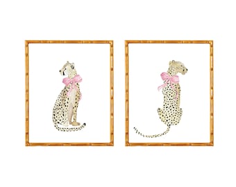 Ghepardo con fiocco rosa / Arte civettuola / Arte murale preppy / Decorazione grandmillennial / Arte murale massimalista / Arte con colori personalizzati / Decorazione Palm Beach