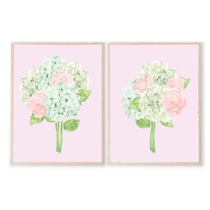 White Hydrangea and Rose Watercolor | Pair of Botanical Art Prints | Preppy Decor