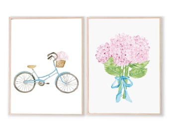 Hydrangea Bouquet and Bike watercolor| Pair of Preppy Wall art | Bow Art