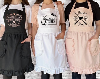 Custom Bakery Apron, Personalized Aprons For Women, Custom Name Women Kitchen Apron, Custom Baker Ruffled Apron, Bride Ruffled Apron