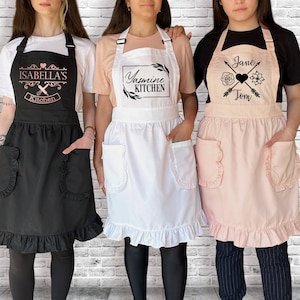 Custom Bakery Apron, Personalized Aprons For Women, Custom Name Women Kitchen Apron, Custom Baker Ruffled Apron, Bride Ruffled Apron