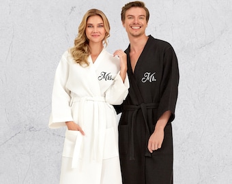 Personalized Couple Kimono Robes, Wedding Honeymoon Gift, Custom Couple Robes, Anniversary Gift, Spa Cotton Robes, Custom Waffle Spa Robes