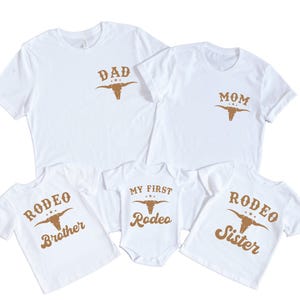 a family of three shirts with the words rodeo on them