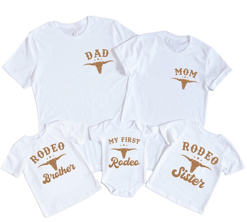a family of three shirts with the words rodeo on them